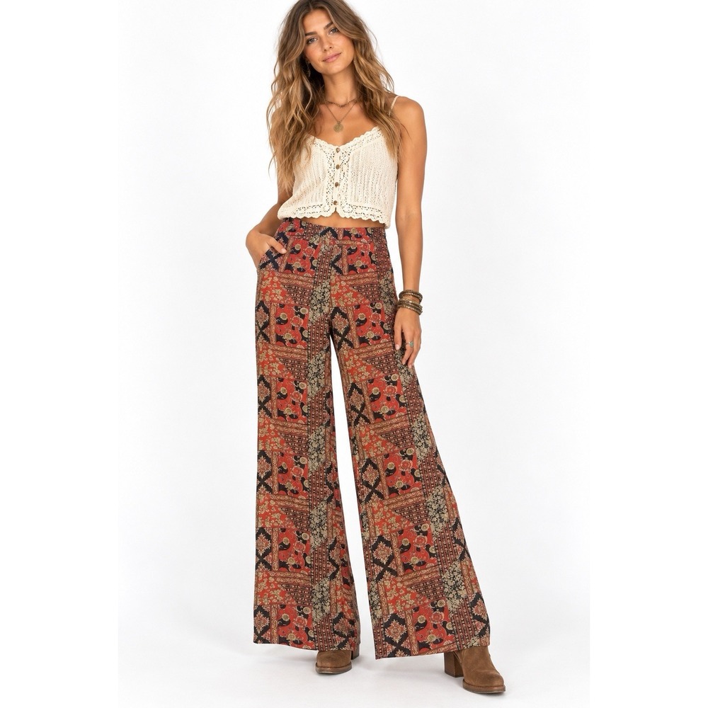 Fora Wide Leg Pants Red Baroque Print Red Shorts Under Sheer Mesh Boho Chic Sz L